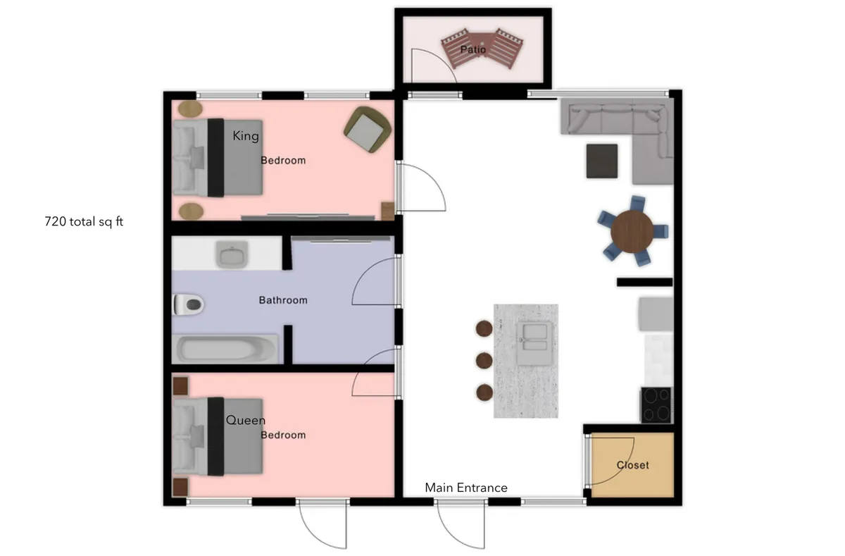 A wide-angle interior shot featuring several key zones: the King and Queen bedrooms, a bathroom, the main entrance, a modern kitchen area, a dining table, and a patio. The living area, although not the main focus, is visible and conveys a cozy, functional atmosphere. The patio space hints at access to the outdoors, aligning with the section's mention of a private balcony.